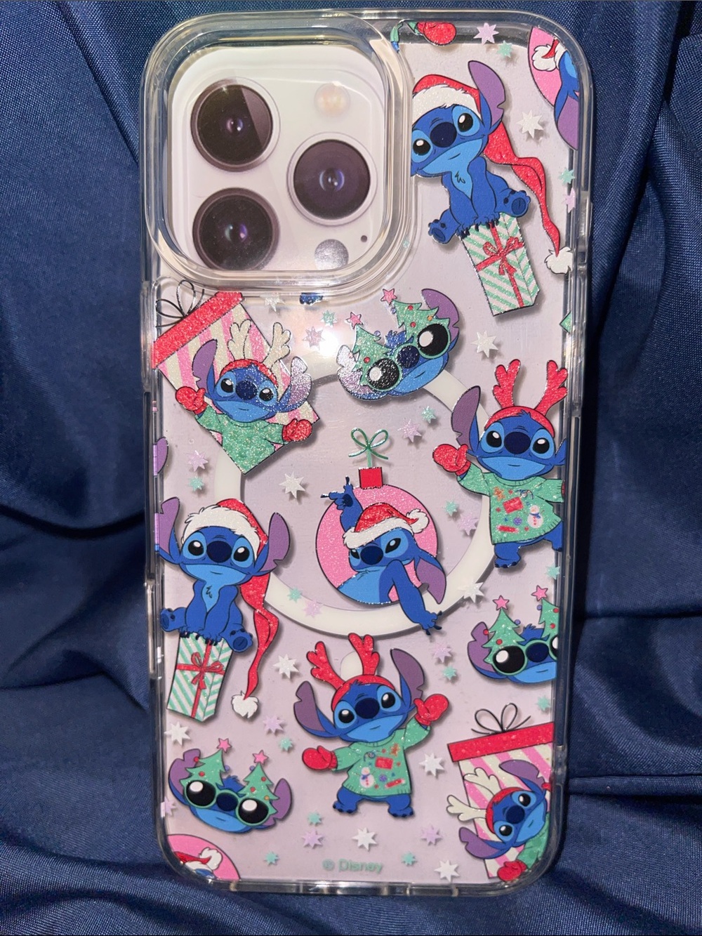 Disney Stitch Christmas Holiday Clear Phone Case with Pink and Green Accents